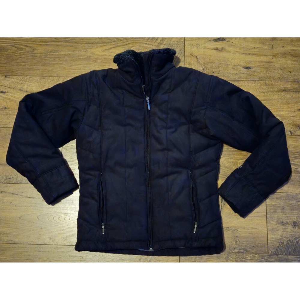 Columbia Sz S Women Black Faux Suede Puffer Quilted Jacket w Faux Fur collar